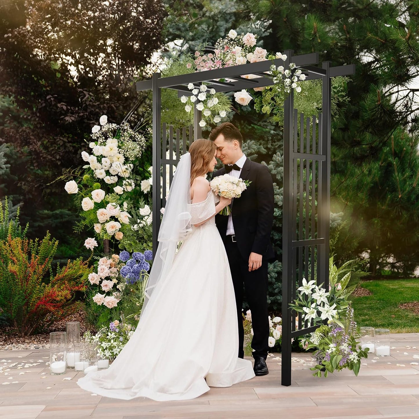 VINGLI Garden Arbor, PVC Wedding Arch for Ceremony Party, Garden Trellis for Climbing Plants Outdoor, Arch Backdrop Stand for Garden, Backyard, Lawn, Wedding (Black)