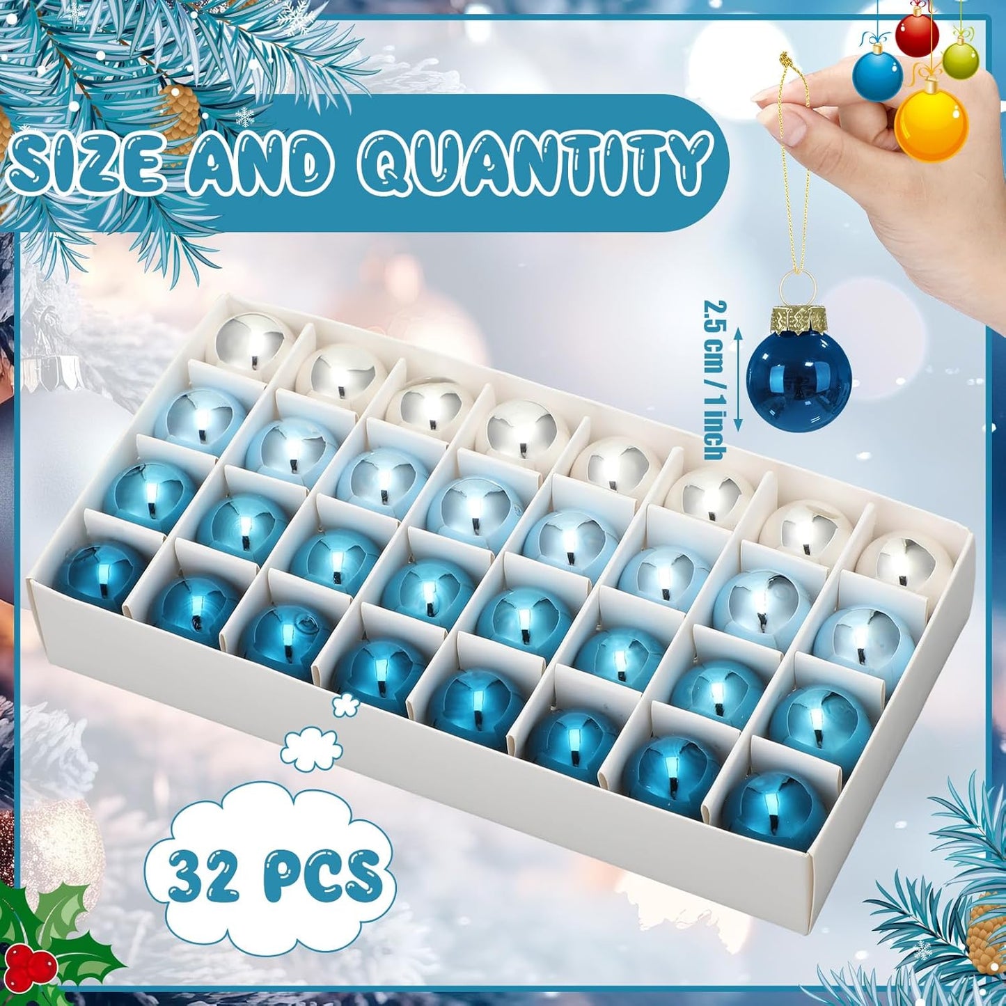 Tioncy 32 Pcs 1 Inch Mini Glass Christmas Ornaments Balls Shiny Christmas Balls Tiny Tree Hanging Decoration Small Colorful Ball Pendant for Xmas Party Supplies(Blue and Silvery)