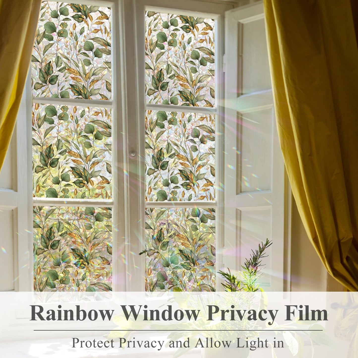 Rainbow Window Privacy Film with Tools, 3D Stained Glass Window Film, Spring & Autumn Leaves, 16.93" x 118.11"(43X300CM)