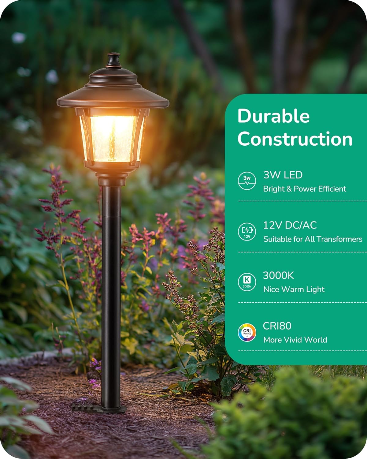 EDISHINE Low Voltage Landscape Lighting, 12V 3W 120LM 3000K Seed Glass Outdoor Landscape Path Lights with Connectors, ORB Waterproof Electric LED Pathway Light Wired for Walkway Garden Yard, 6 Pack