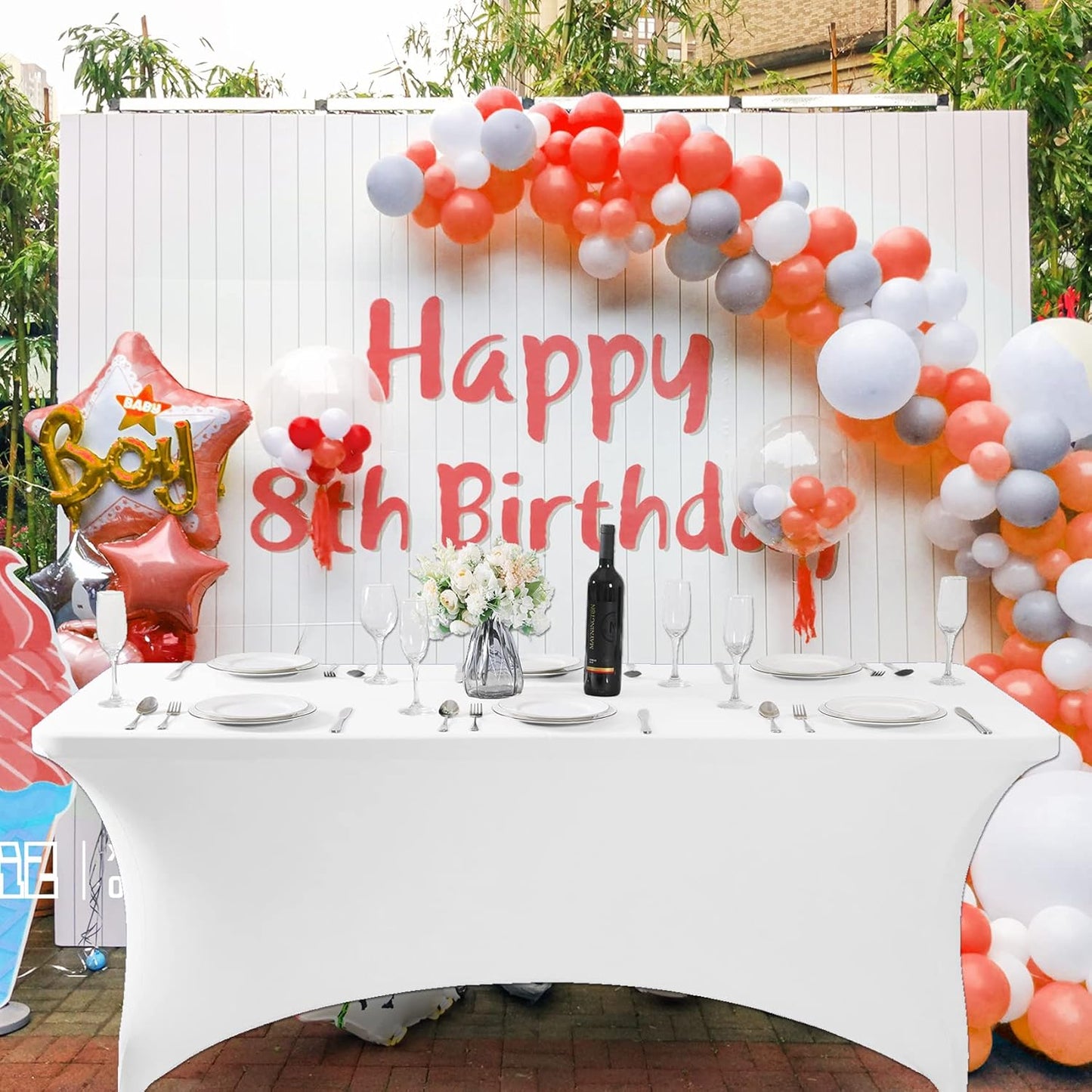 SuperO Waterproof Spandex Table Cover for 8FT Table Universal Fitted Stretch Tablecloth for Party, Banquet, Wedding and Events-White