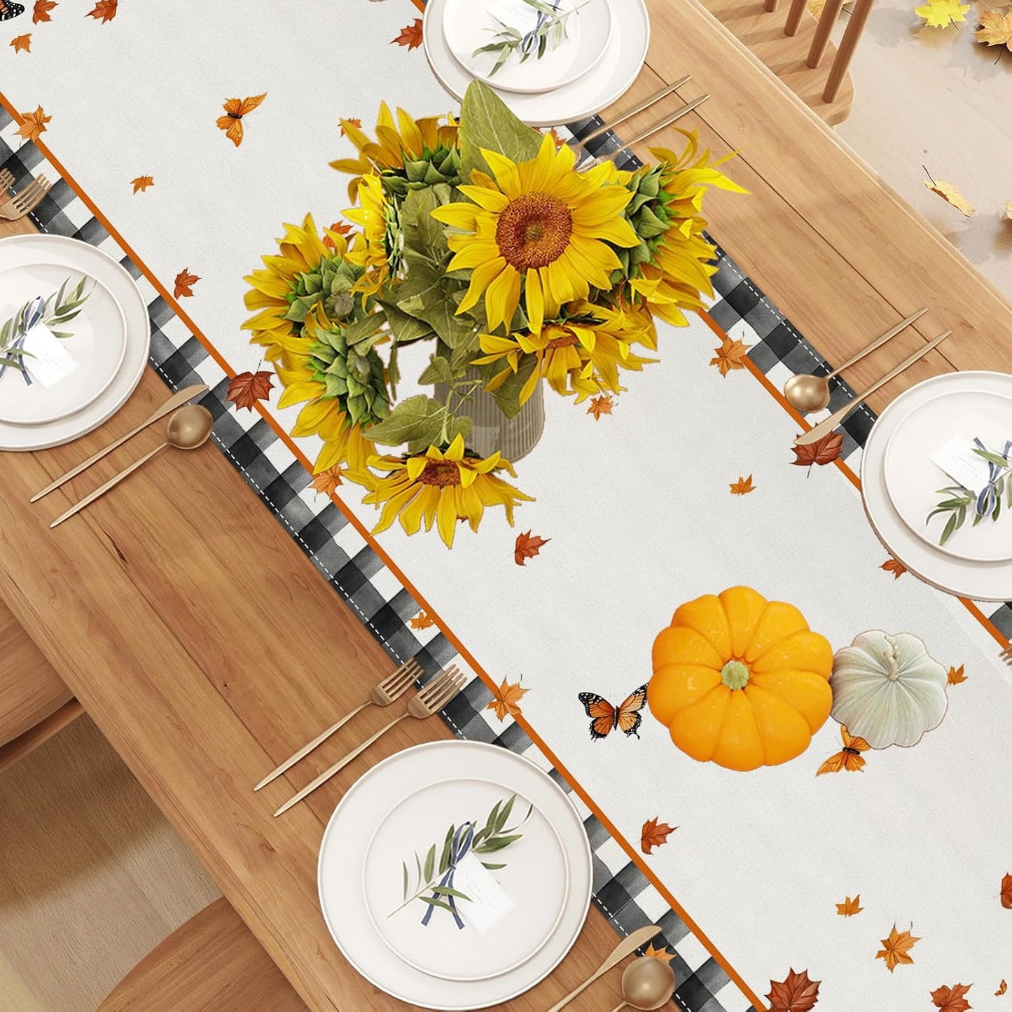 Linen Black and White Buffalo Check Plaid Fall Table Runner 36 Inches Long, Fall Leaves Pumpkin Butterfly Home Kitchen Table Decor, Farmhouse Autumn Thanksgiving Harvest Festival Decorations for Home
