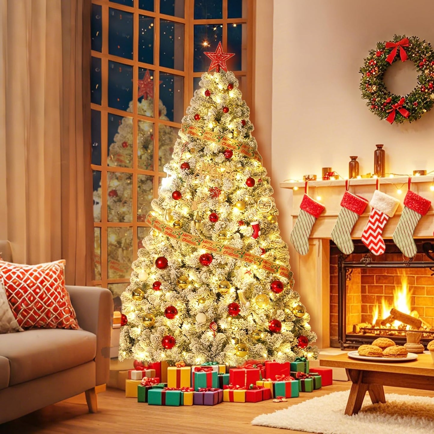 GarveeHome 7.5ft Prelit Artificial Christmas Tree with Warm White Lights, Snow Flocked Full Xmas Tree with 1050 Branch Tips, 450 LED Lights & Foldable Stand, Green & White Christmas Decorations
