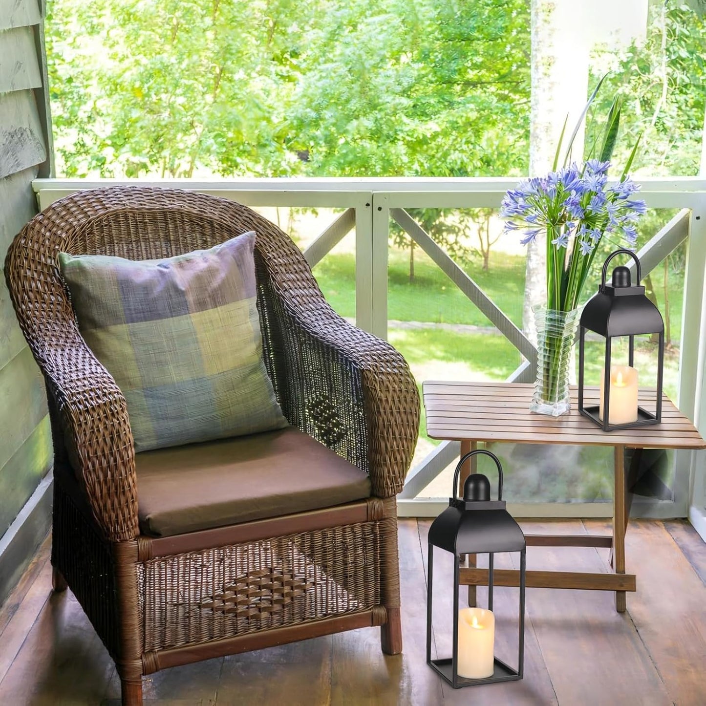 Lanterns Decorative Outdoor Indoor, Black Metal Outdoor Lanterns, 17'' 13'' Set of 2 Modern Farmhouse Candle Lantern Halloween Lanterns Centerpieces for Home, Wedding, Patio, Porch, Mantel