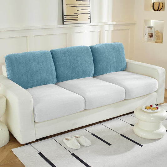 Large Backrest Cushion Covers Super Stretch Backrest Covers for 3 Cushion Couch Sofa, Couch Back Cushion Covers Featuring with Chenille Yarn (Softer Version, 3PC, Blue)