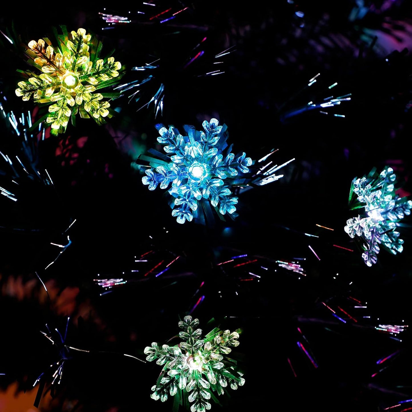 Juegoal 6 ft Pre-Lit Optical Fiber Christmas Artificial Tree, RGB Color Changing LED Lights, Snowflakes & Top Star, Fake Xmas Tree with Metal Legs