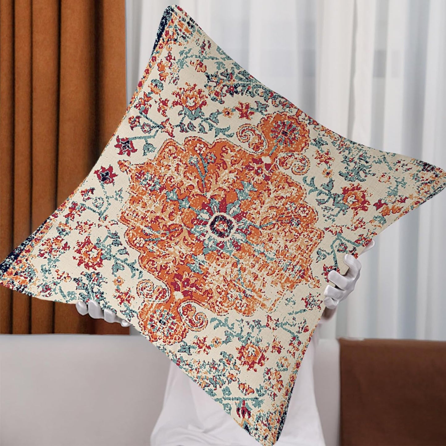 Outdoor Waterproof Pillow Covers 18X18 Inch Set of 2 - Bohemian Vintage Carpet Pattern Orange Blue Ethnic Design Decorative Farmhouse for Couch Garden Balcony