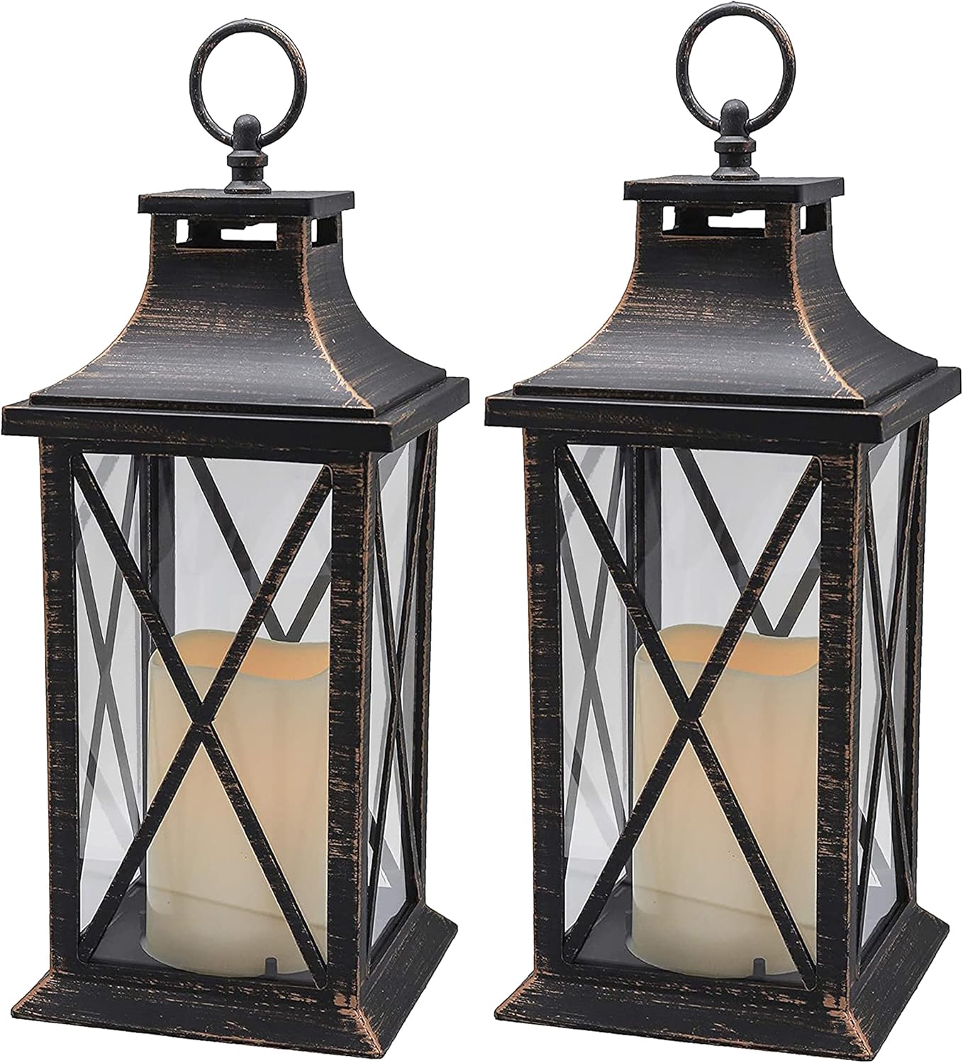 YAKii 14" Decorative Candle Lantern LED Flameless Candle Timer, Plastic LED Candle & Holder, Indoor & Outdoor Hanging Lights,Christmas Day Decoration (Antique Copper Brushed 2 PCS)