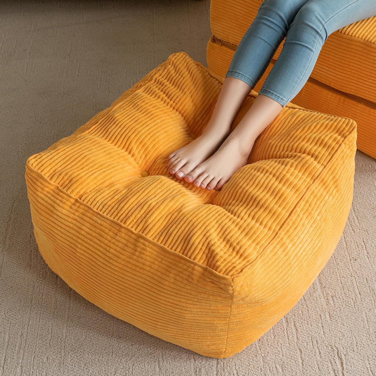 HIGOGOGO Square Stuffed Pouf Ottoman, Corduroy Poufs with Foam Chunk Filling, Furry and Fluffy Pouf Foot Stool Storage Ottoman, 25.6 X 25.6 Floor Poufs Foot Rest for Living Room, Orange