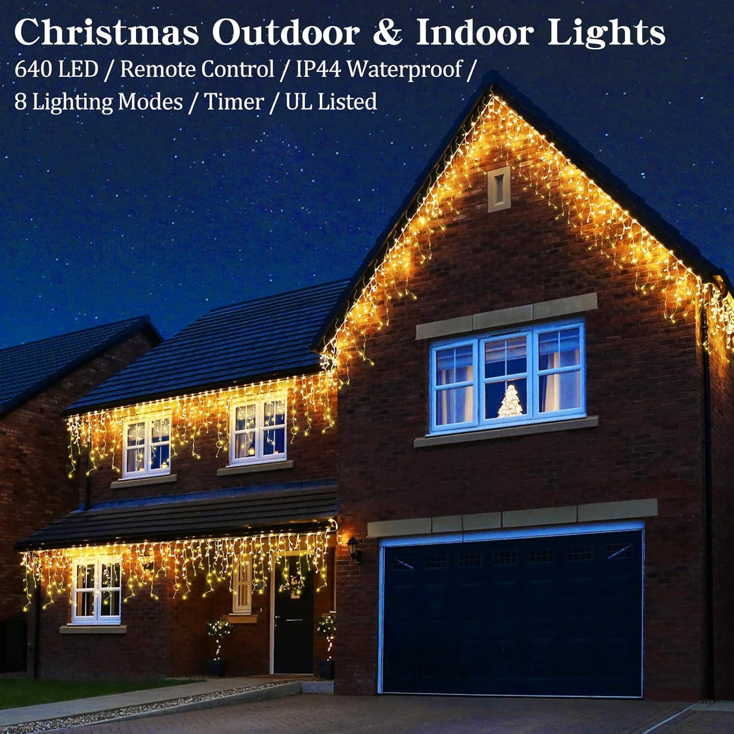 Warm White Christmas Icicle String Lights - 65.6 FT with 120 Drops, 8 Light Modes for Outdoor Decorations - Wedding, Party and More