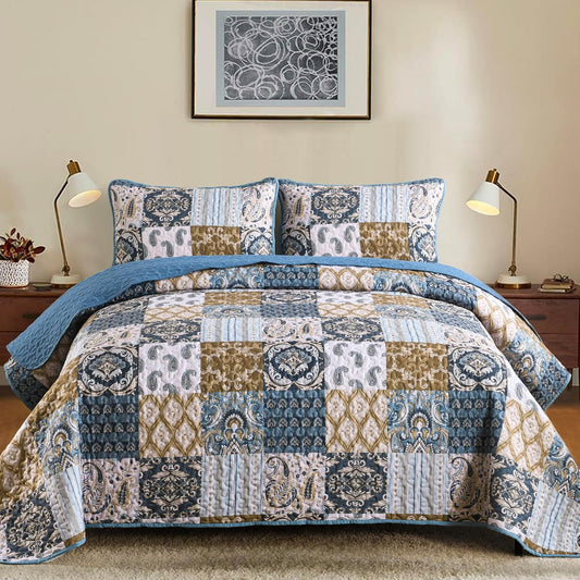 WONGS BEDDING Boho Quilt Set King Size, Blue Patchwork Plaid Bedspread Bedding Sets Paisley Soft Microfiber Quilts for King Bed 3 Pieces Coverlet Set for All Season (104"x90")