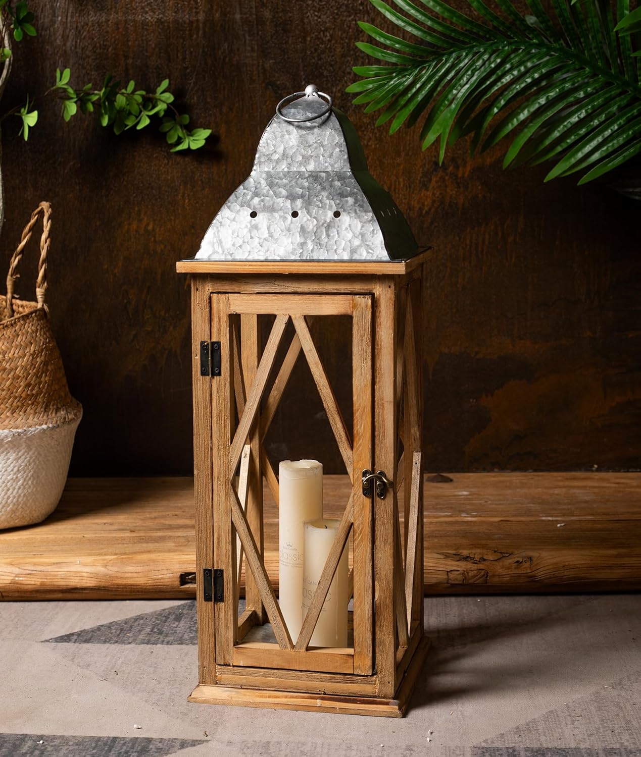 Large Farmhouse Wooden Metal Lantern Set of 2, Rustic Decorative Floor Candle Lanterns, Indoor/Outdoor Hanging Lanterns for Home Decor (No Glass)