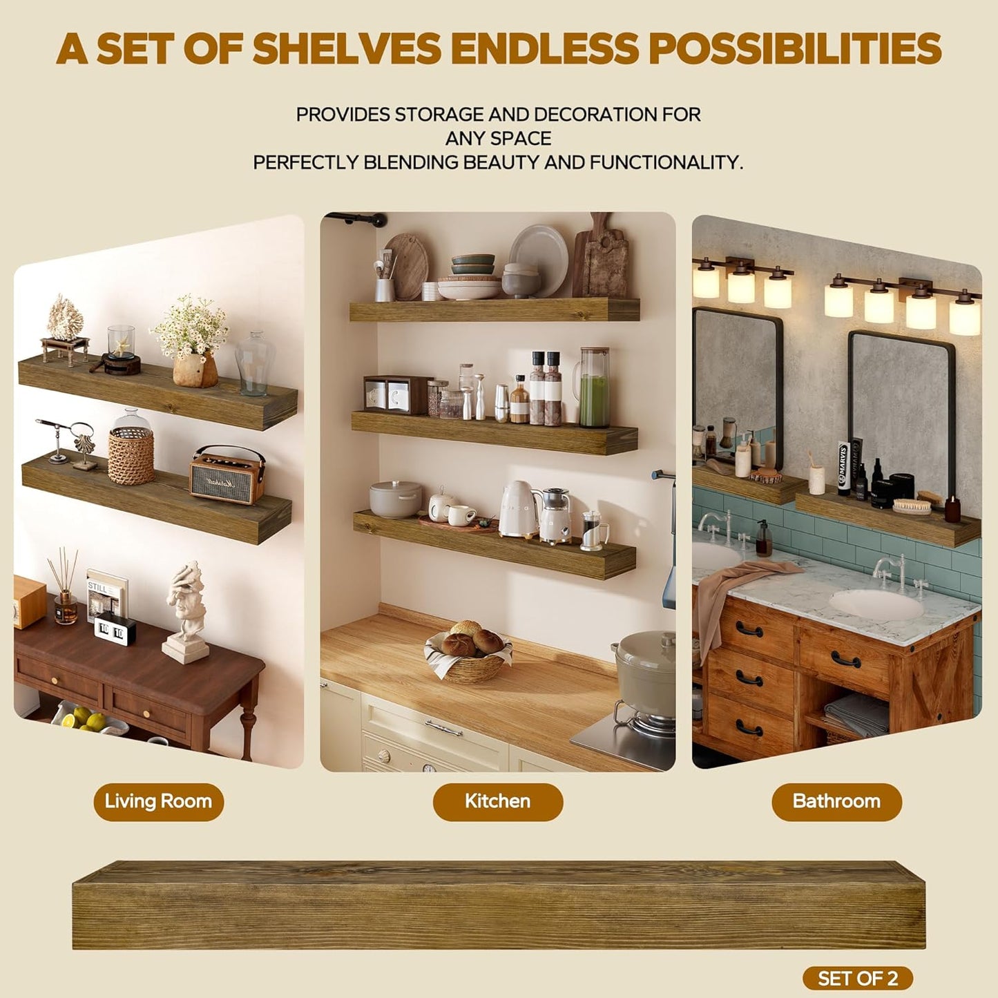 Floating Shelves 24 inch for Wall Set of 2,3 inch Thick Pine Wood Wall Mount Shelf for Kitchen Living Room Bedroom Bathroom,8" D x 24" L x 3" H-Drak Walnut