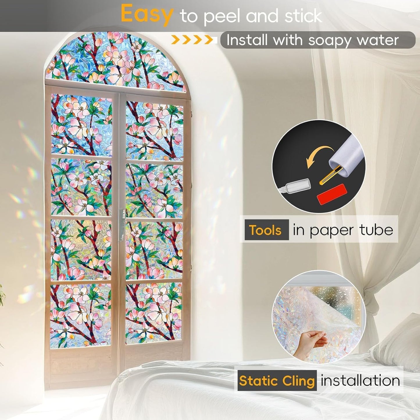 Rainbow Window Privacy Film Decorative, 3D Decals Stained Glass Clings, Static Cling Sticker, Suncatcher Windows Cover Tint for Home, 47.2 Inch x 157.4 Inch