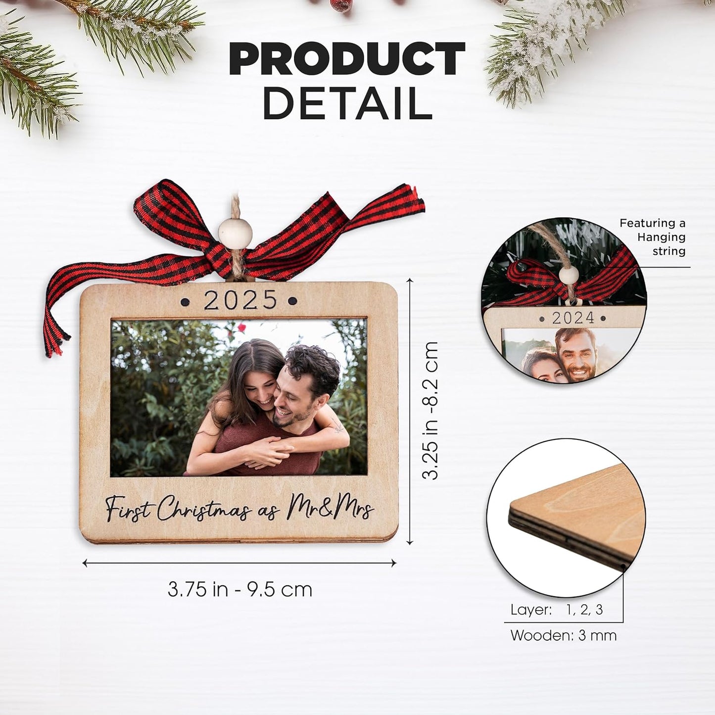 Christmas Photo Frame Ornament, 2025 Ornament, Wooden Picture Frame Ornaments With Hanging String (2025 Mr & Mrs (Landscape))