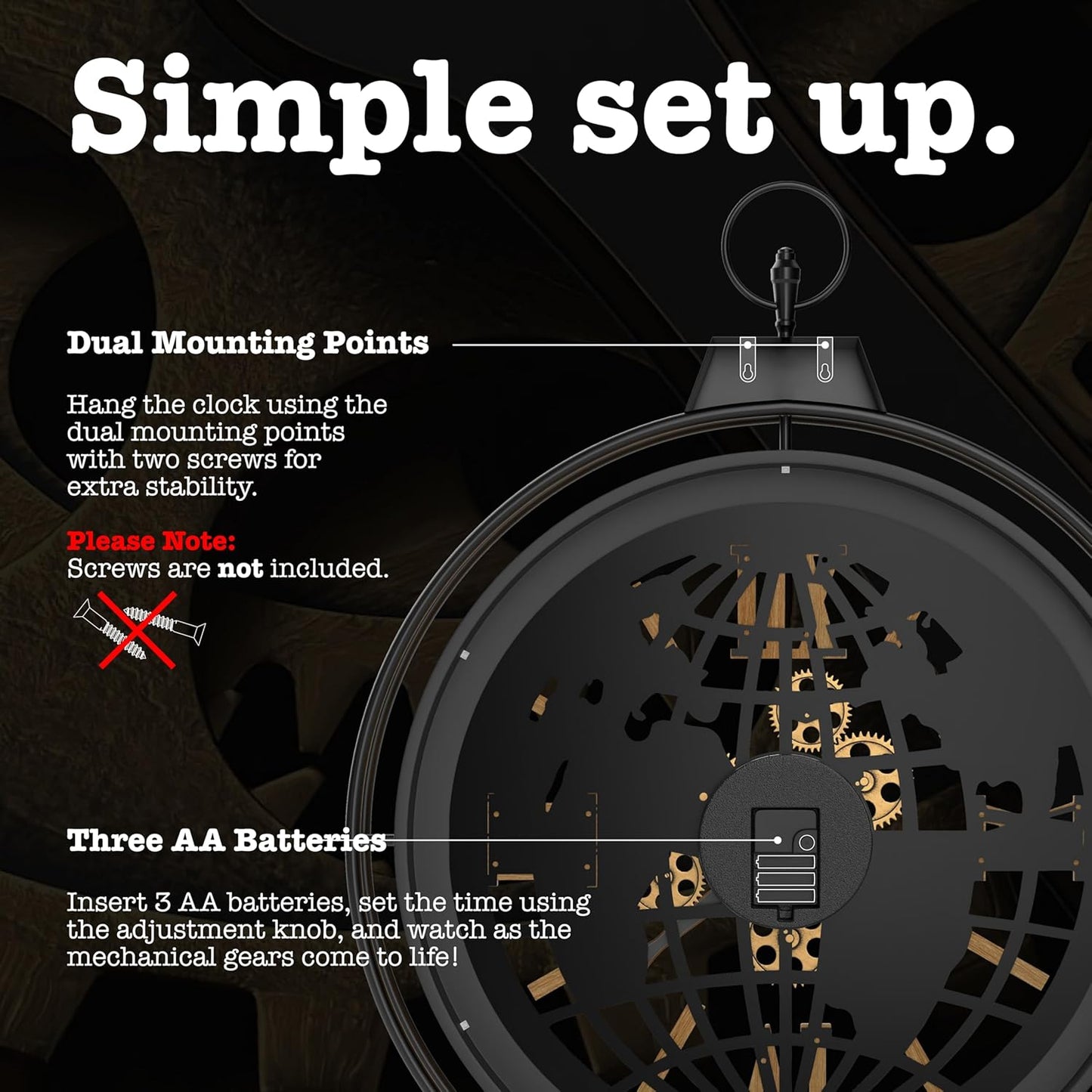 Driini 30 Inch Large Rustic Farmhouse Gear Clock with Moving Gears – Vintage Oversized Wall Clock with Iron Frame – Giant Industrial Steampunk Wall Clock for Living Room Décor (Oak)