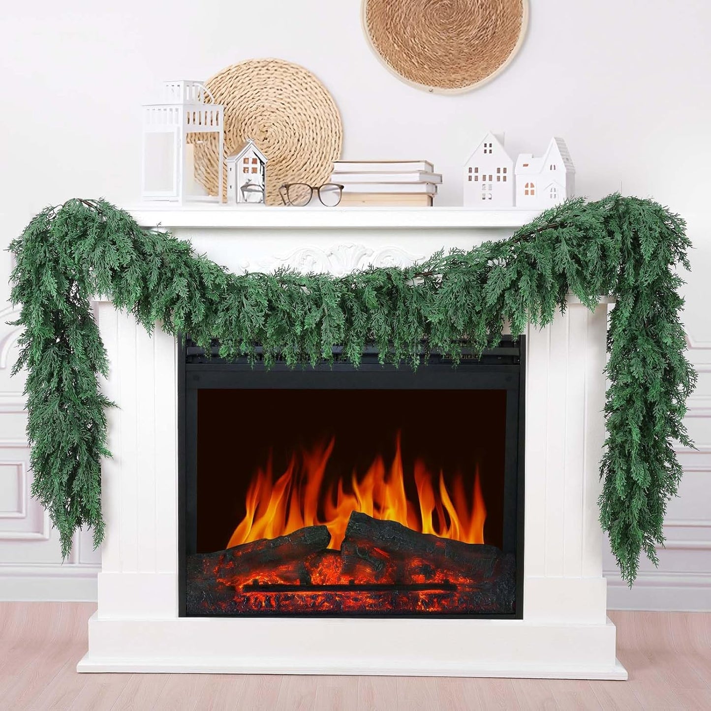 Hananona 9 FT Artificial Cedar Garlands, 2 Pcs Real Touch Winter Cedar Pine Garland, Green Artificial Greenery Garland for Table, Mantle, Wall, Indoor, Outdoor Christmas Decorations (2, 9 FT)