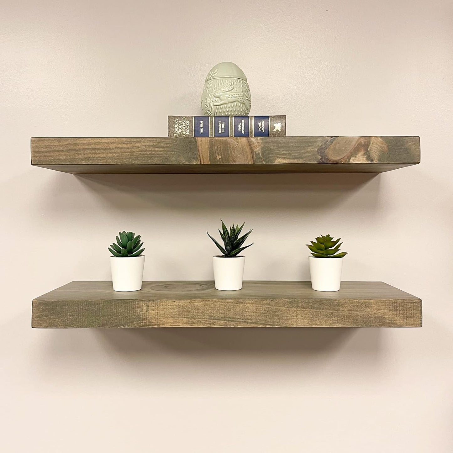 URBANDI, Rustic Floating Shelves, Set of 2, Hidden Bracket, Solid Wood, Heavy Duty, Wall Mounted Shelves, (Grey, 24Wx8D)