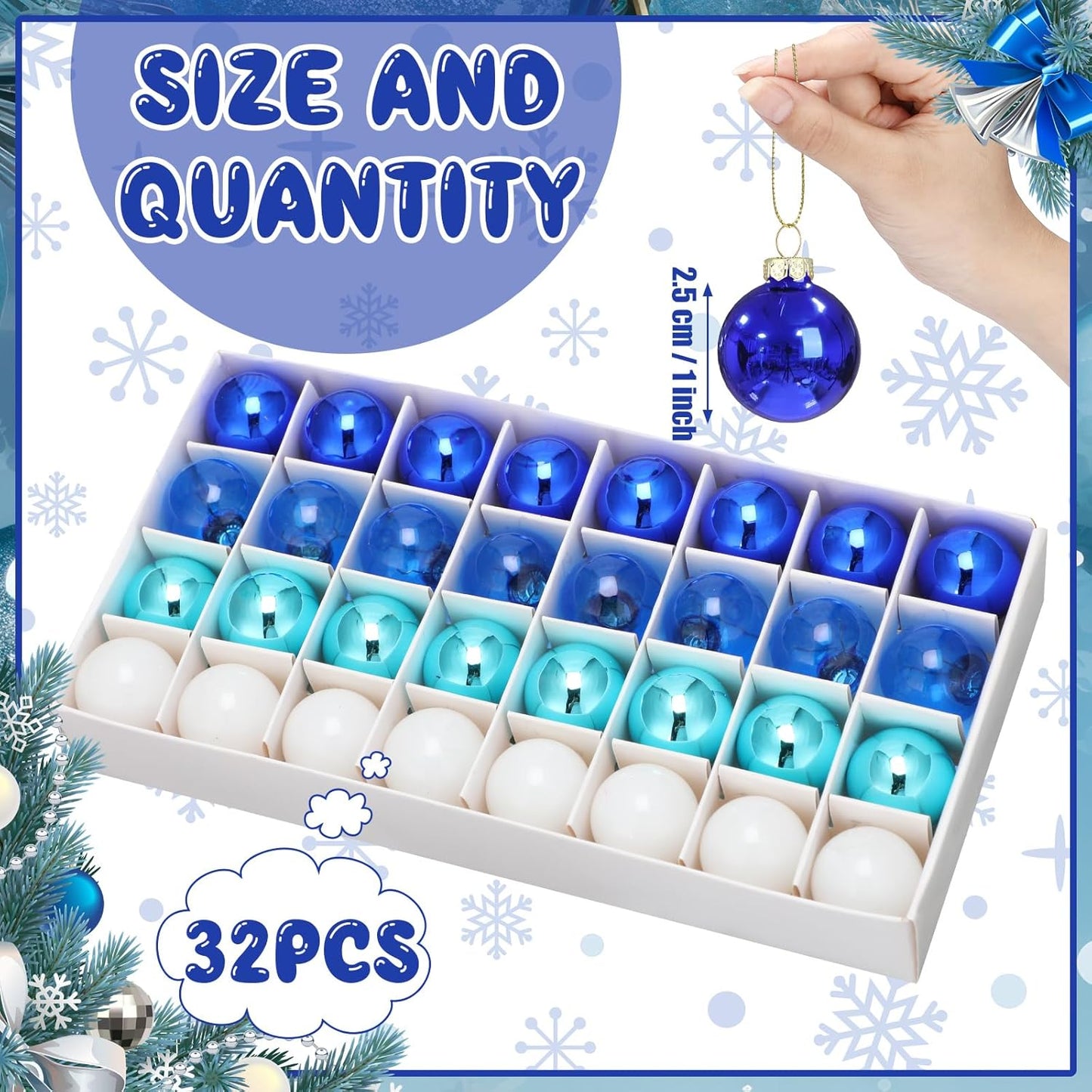 Tioncy 32 Pcs 1 Inch Mini Glass Christmas Ornaments Balls Shiny Christmas Balls Tiny Tree Hanging Decoration Small Colorful Ball Pendant for Xmas Party Supplies(Multi Blue, White)