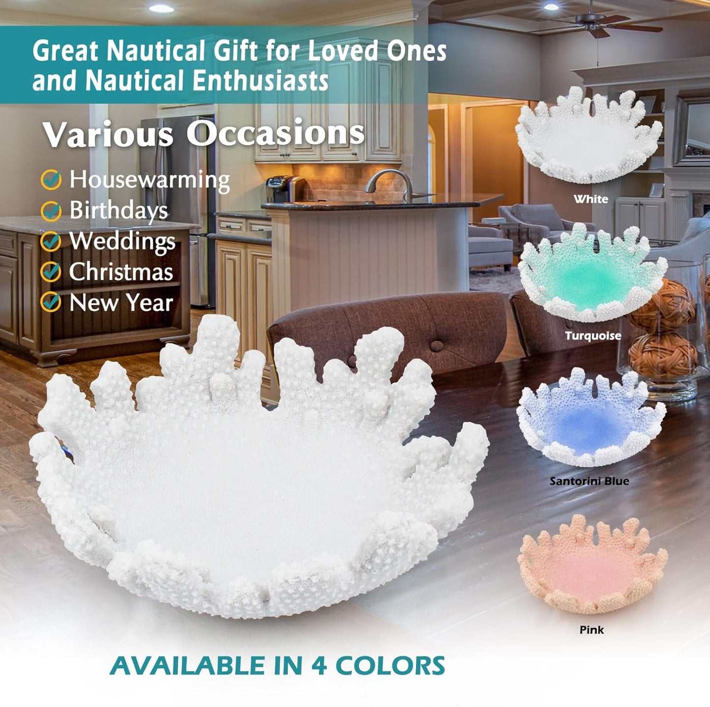 Accessoryway White Coral Textured Decorative Bowl,9.45" Medium Resin Decorative Centerpiece Bowl for Coastal Beach theme house table centerpiece decorations & Nautical decorations for coffee table