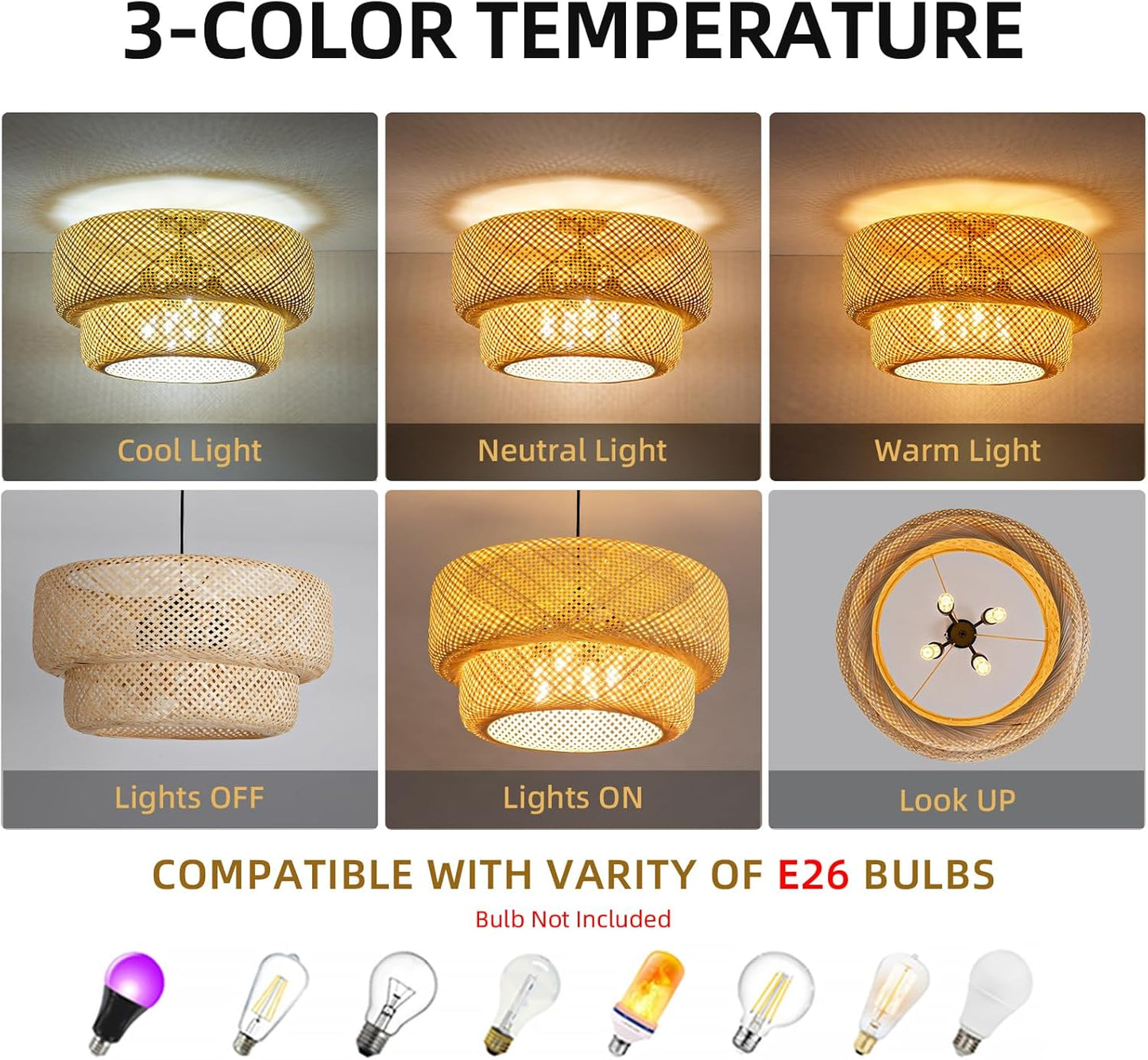 23.62" Bamboo Pendant Light,4-Light Boho Rattan Hanging Light,Hand Woven Wicker Chandelier for Kitchen Island for Kitchen Island Dining Bedroom Living Room Restaurants