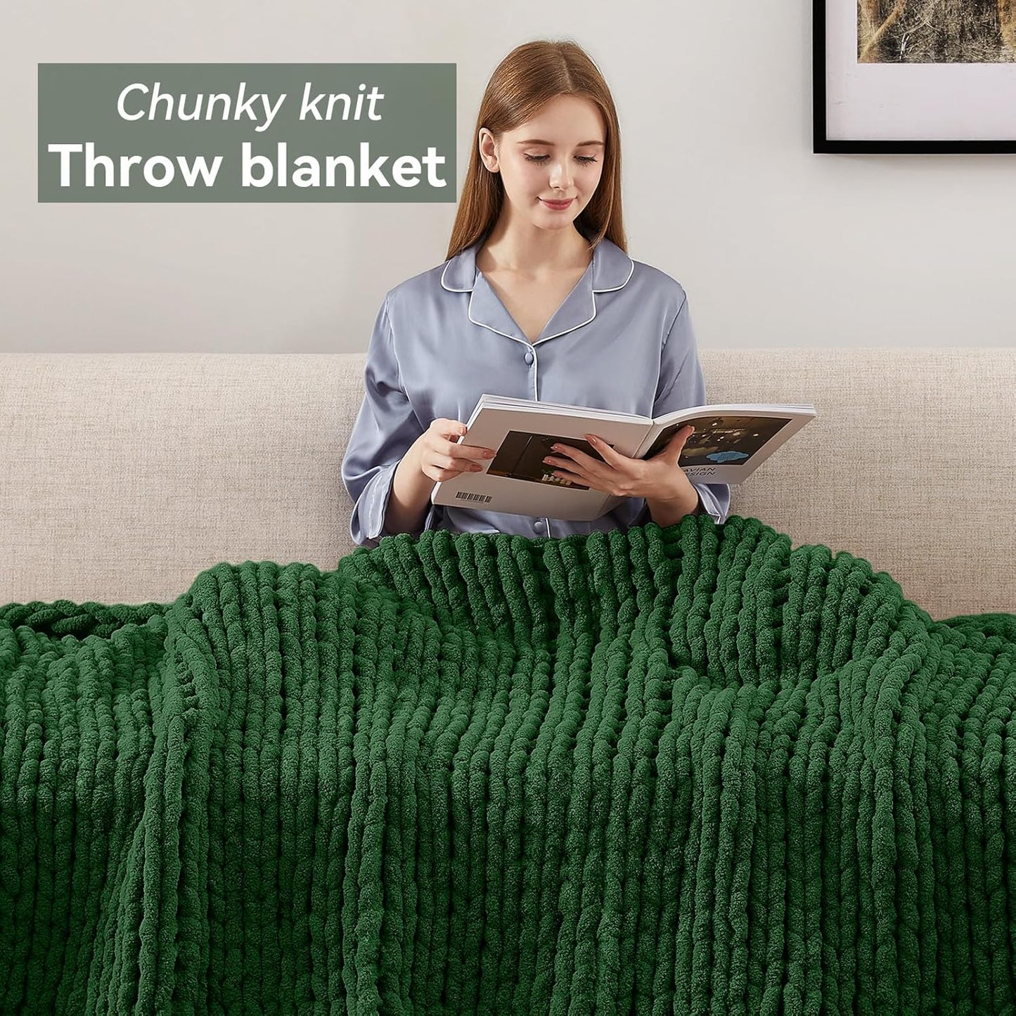 Chunky Knit Throw Blanket, 60''*80'' Knitted Throw Chenille Yarn for Bed Couch, Handmade Grass Green Crochet Big Thick Blanket, Machine Washable Cute Comfy Blanket for Home Decor