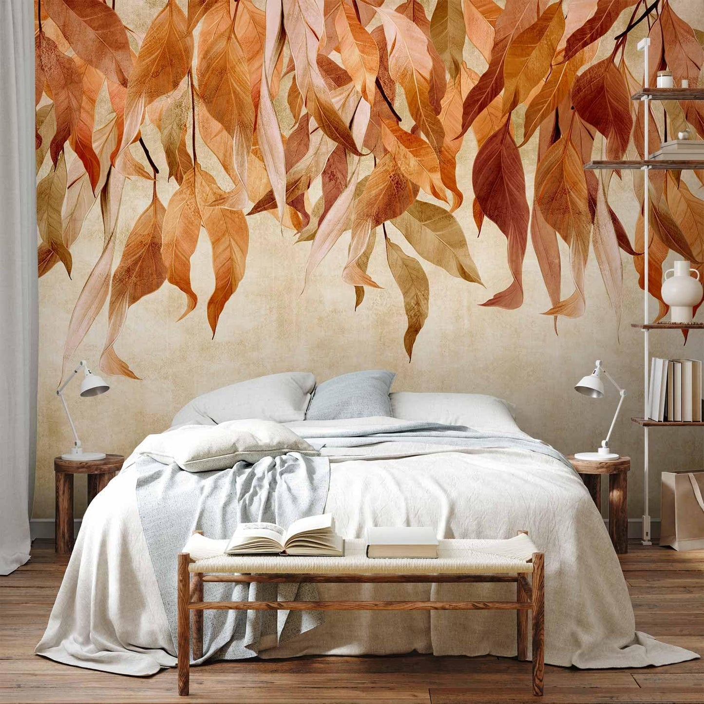 artgeist Premium Wall Mural Hanging Leaves 157x110 in - Non-Woven Wallpaper Fleece Wall Decor Photo Print Picture Image Design Nature Botanical Concrete Orange Beige b-C-10146-a-c