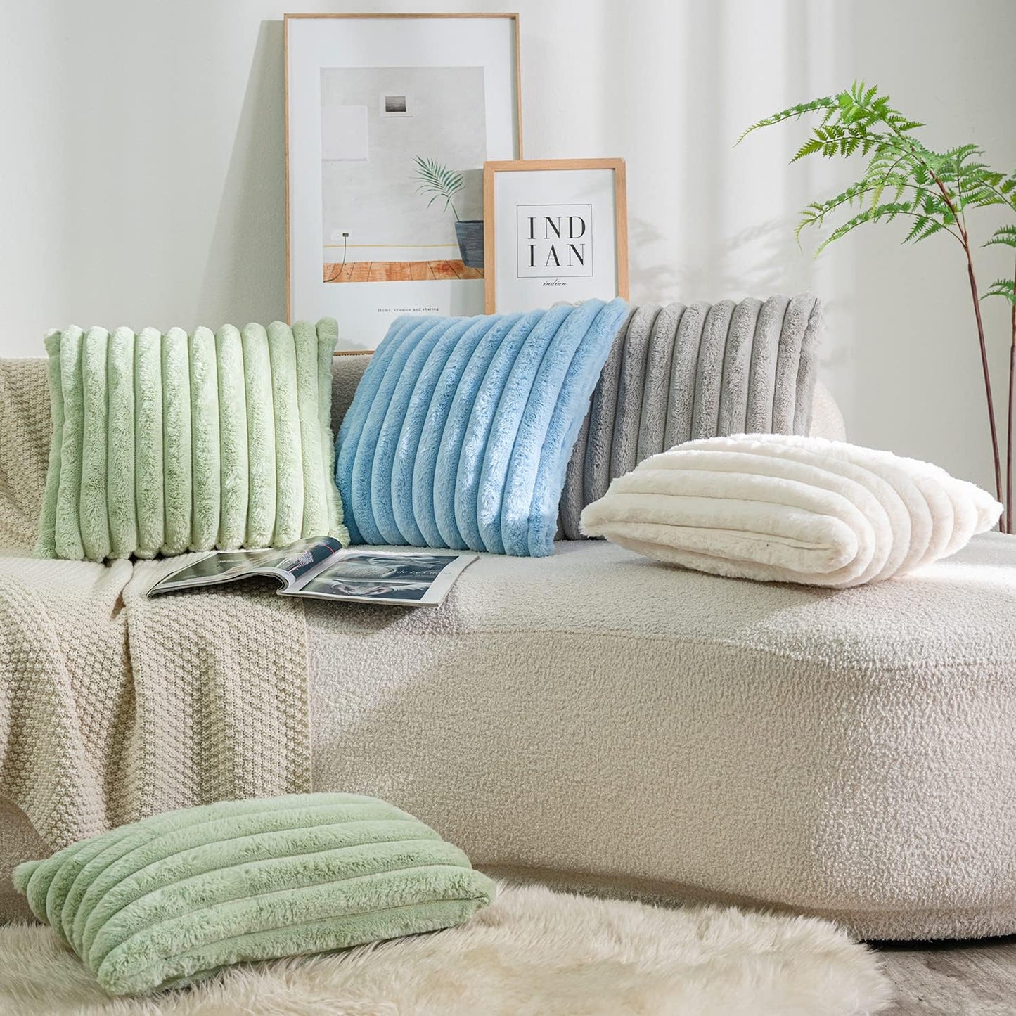 DEELAND Pack of 2,Double-Sided Faux Fur Plush Decorative Throw Pillow Covers Fuzzy Striped Soft Pillowcase Cushion Covers for Sofa Couch Bedroom Lightblue 16x16 inch