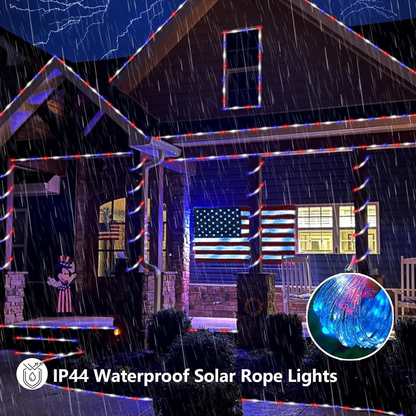 YEGUO 4th of July Decorations Red White and Blue Lights, 2 Packs Each 33ft 100 LED Solar Rope Light with 8 Modes for Patriotic Independence Memorial Day Decor