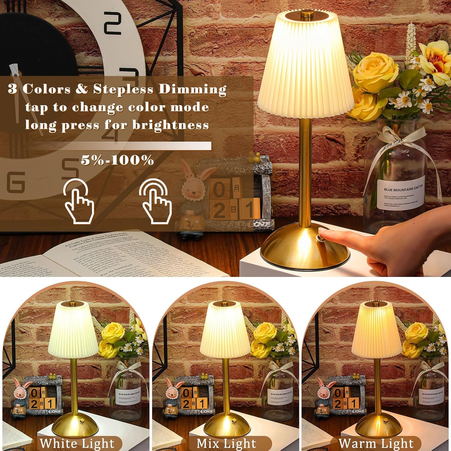 Liliful 2 Pcs LED Portable Cordless Table Lamp Touch Battery Operated Rechargeable Desk Lamp 3 Color Dimmable for Bedroom Living Room Dining (Beige Cloth Style,Gold)