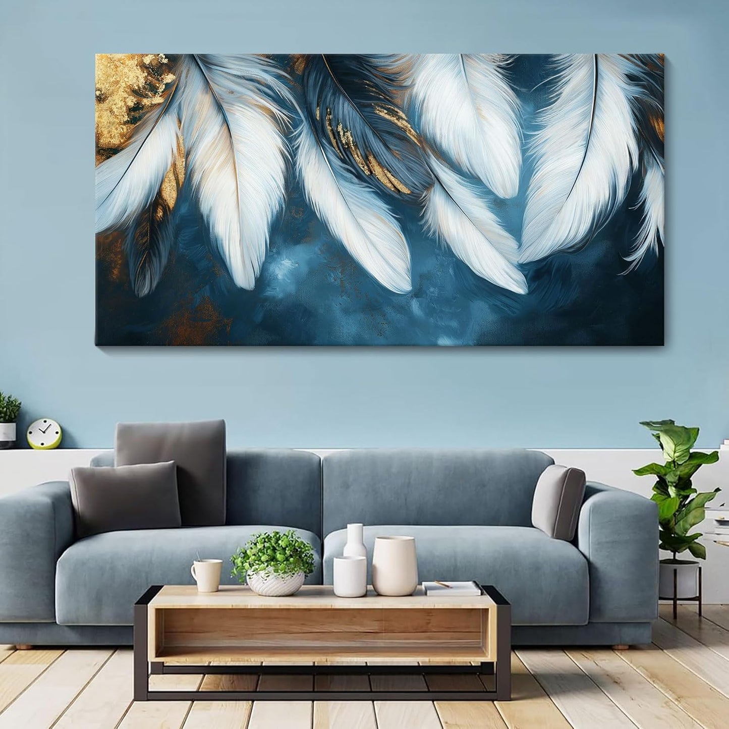 Mofutinpo Blue and Gold Wall Art Navy Blue Pictures for Living Room Feather Canvas Wall Art Blue Bedroom Wall Decor Above Bed Pictures Wall Decor, Painting - Artwork for Walls 20×40IN