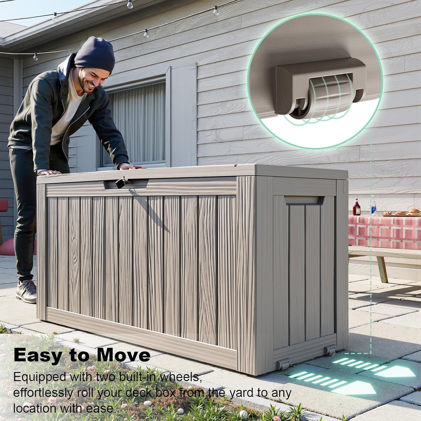 DRATO 75 Gallon Deck Box, Waterproof Resin Large Outdoor Storgae Box for Patio Furniture, Patio Cushions, Gardening Tools, Pool and Sports Supplies, Lockable