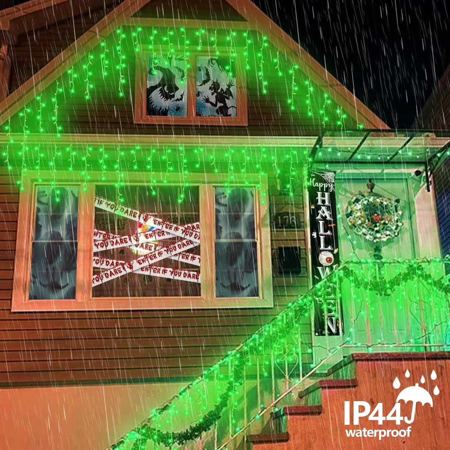 QITONG Green Icicle Lights for Outside, 33ft 400 LED Halloween Light Plug in with 8 Modes, Clear Wire Connectable Christmas Lights Indoor with 80 Drops