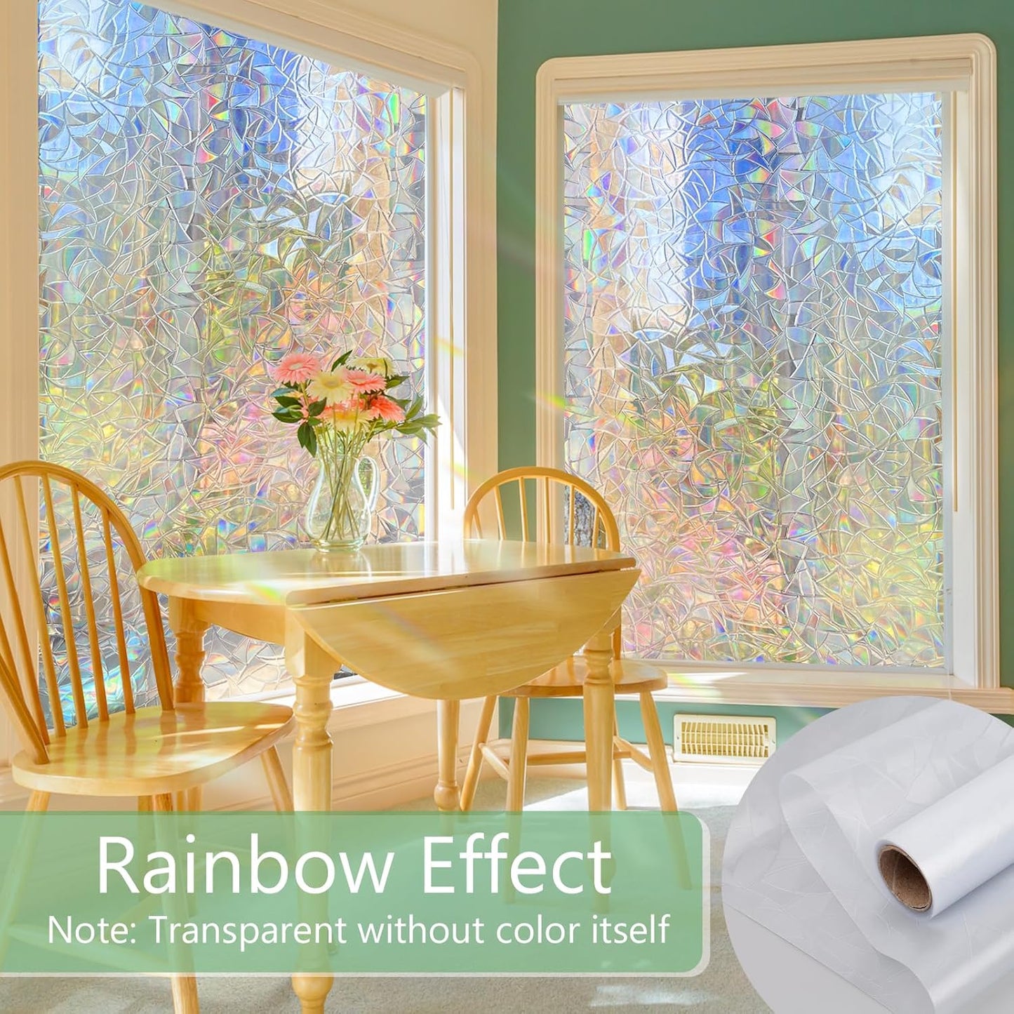 HIDBEA Window Privacy Film Static Clings, Rainbow Window Film, 3D Decals Non-Adhesive Window Vinyl Film for Home Door, 29.5 Inch x 13.1 Feet