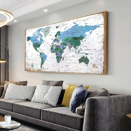 Framed Wall Art World Map Wall Art Canvas Picture 30inchx60inch Large Blue Map of The World Canvas Painting Artwork Prints for Office Wall Decor Home Living Room Decorations Framed Ready to Hang