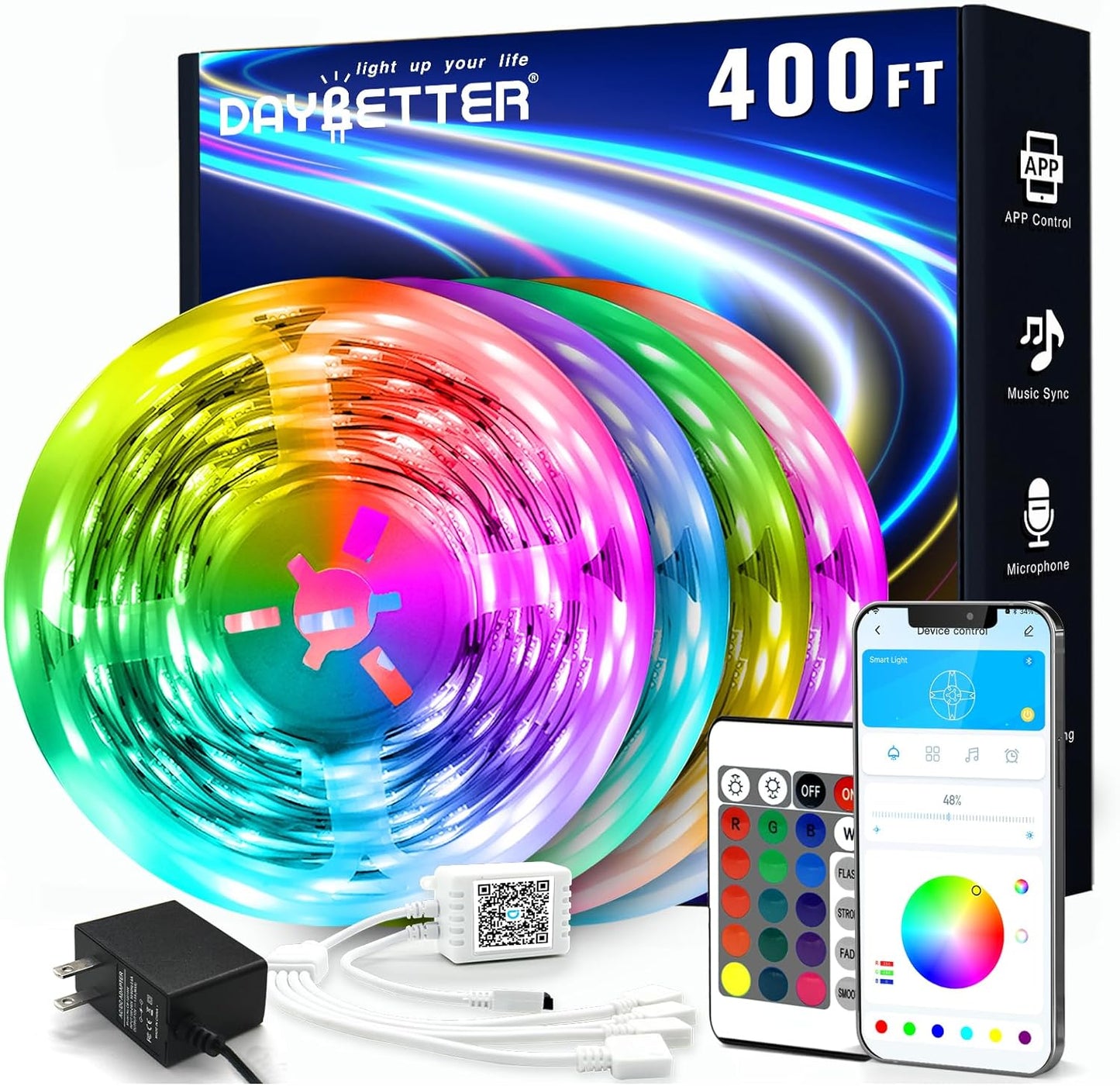 DAYBETTER Led Strip Lights 400 ft (4 Rolls of 100 ft) Color Changing Lights Strip for Bedroom, Desk, Indoor Room Bedroom Valentine Decor, with Remote and 24V Power Supply