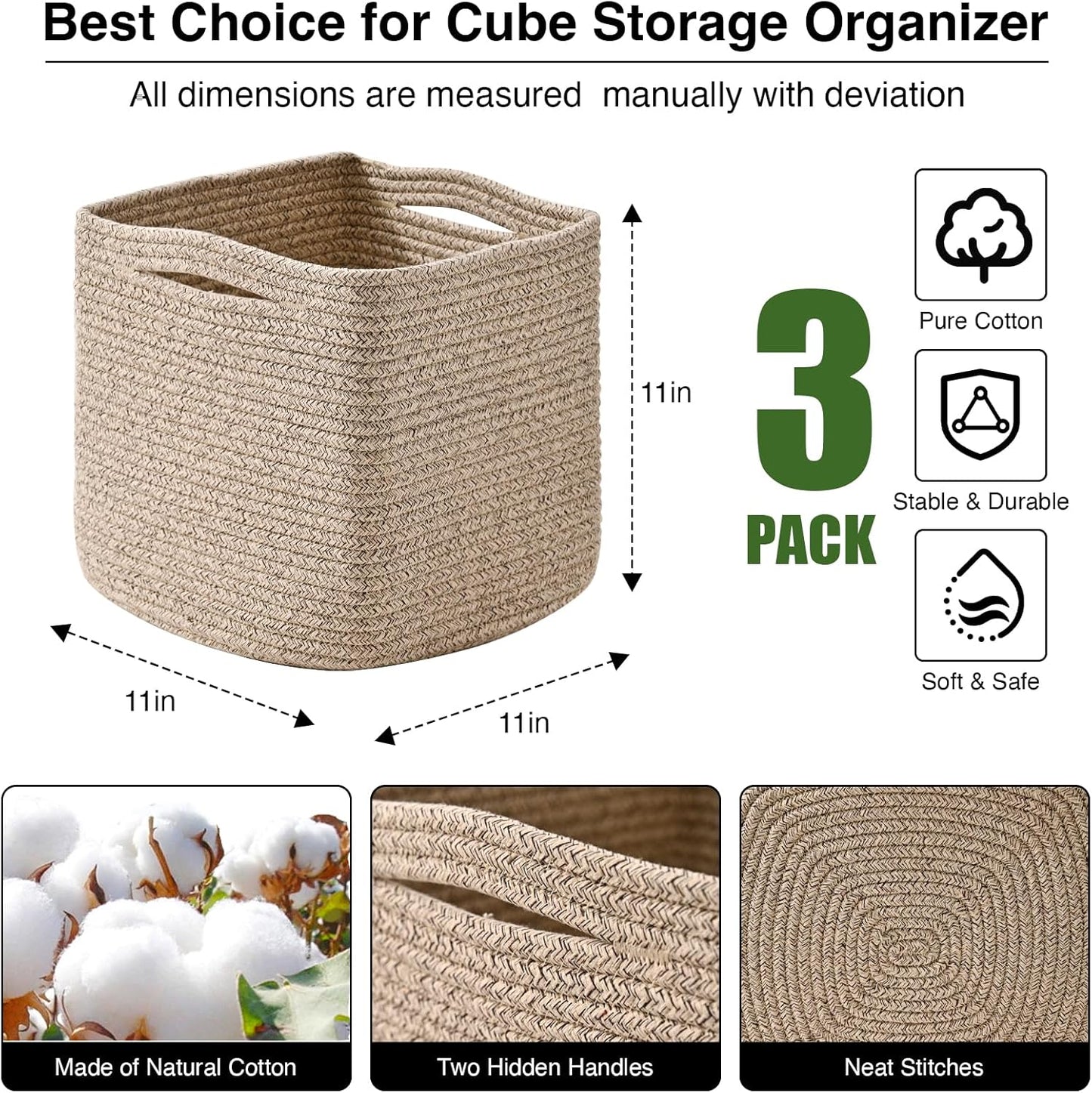 11 Inch Cube Storage Bins, Storage Cube Organizer Bins, Woven Cotton Rope Baskets for Storage, Storage Basket for Organizing Shelves, Square Baskets for Toys Nursery, Brown (Pack of 3)