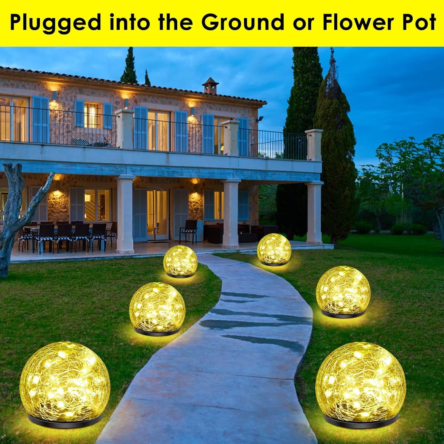 Solar Garden Lights, 2 Pack 60 LED Cracked Glass Solar Globe Lights Outdoor Decoration, Upgraded Waterproof Warm White LED Lights for Yard Pathway Patio Lawn Christmas Outside Decor, 4.73"