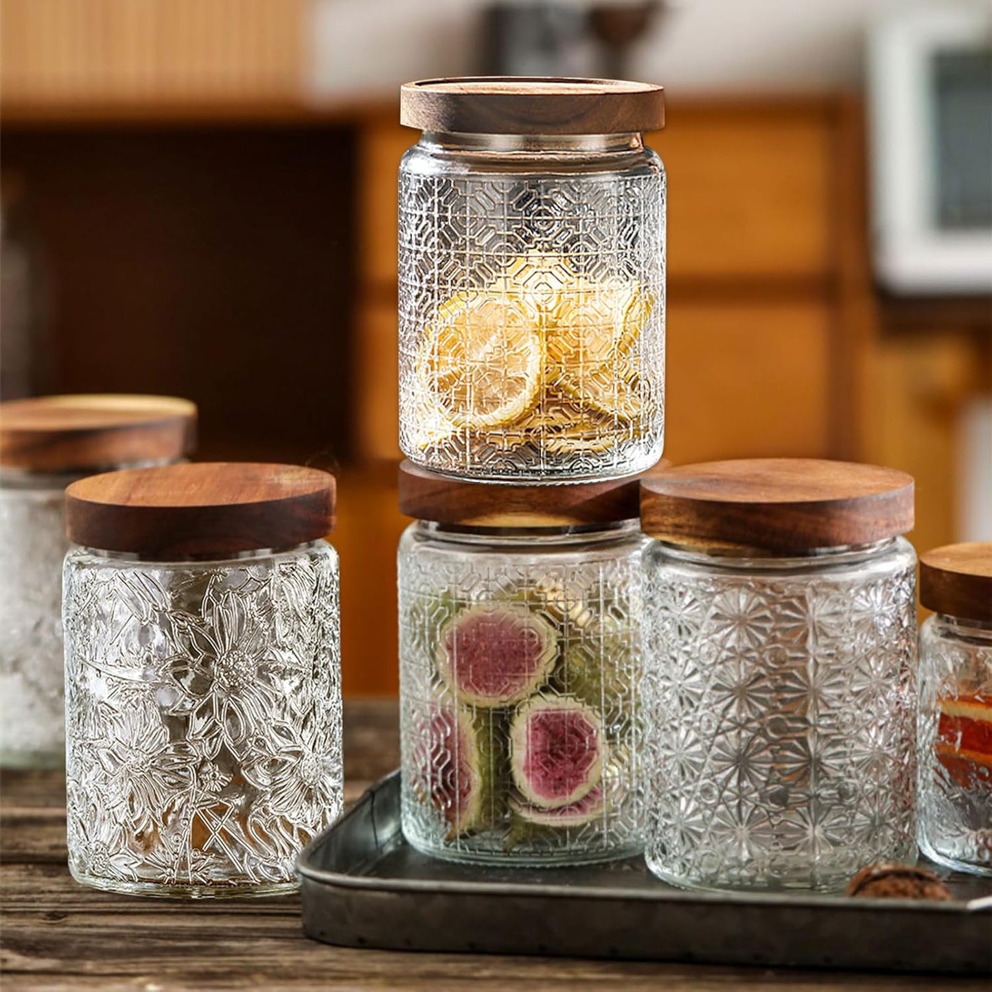 Vintage Glass Jars with Wooden Lids, 4 Pack 24 oz Airtight Glass Food Storage Containers Sets for the Kitchen, Sugar Coffee Candy Spice Cookie Tea Pasta