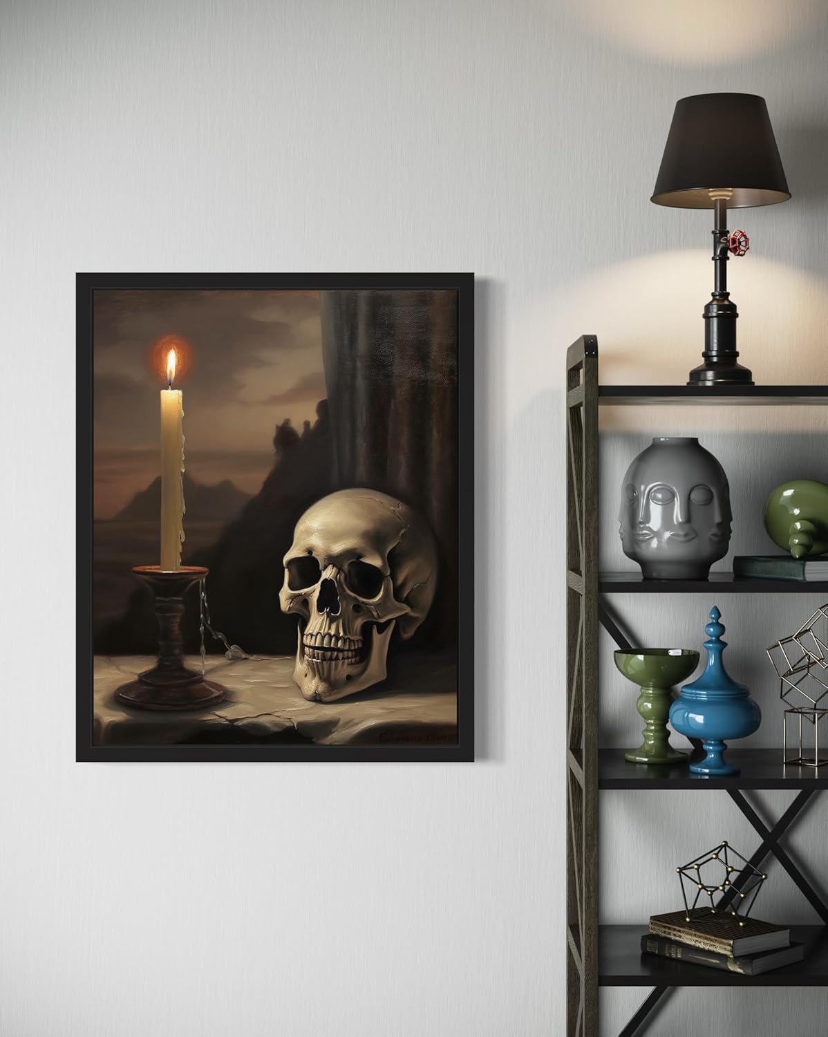 Skull and Candle Poster Art Print, Halloween Scary Vintage Wall Art Academia Spooky Painting Decoration for Horror Prints, Gothic Posters Bedroom Decor 89 (Skull and Candle, 16 x 20 inches, Black Frame)