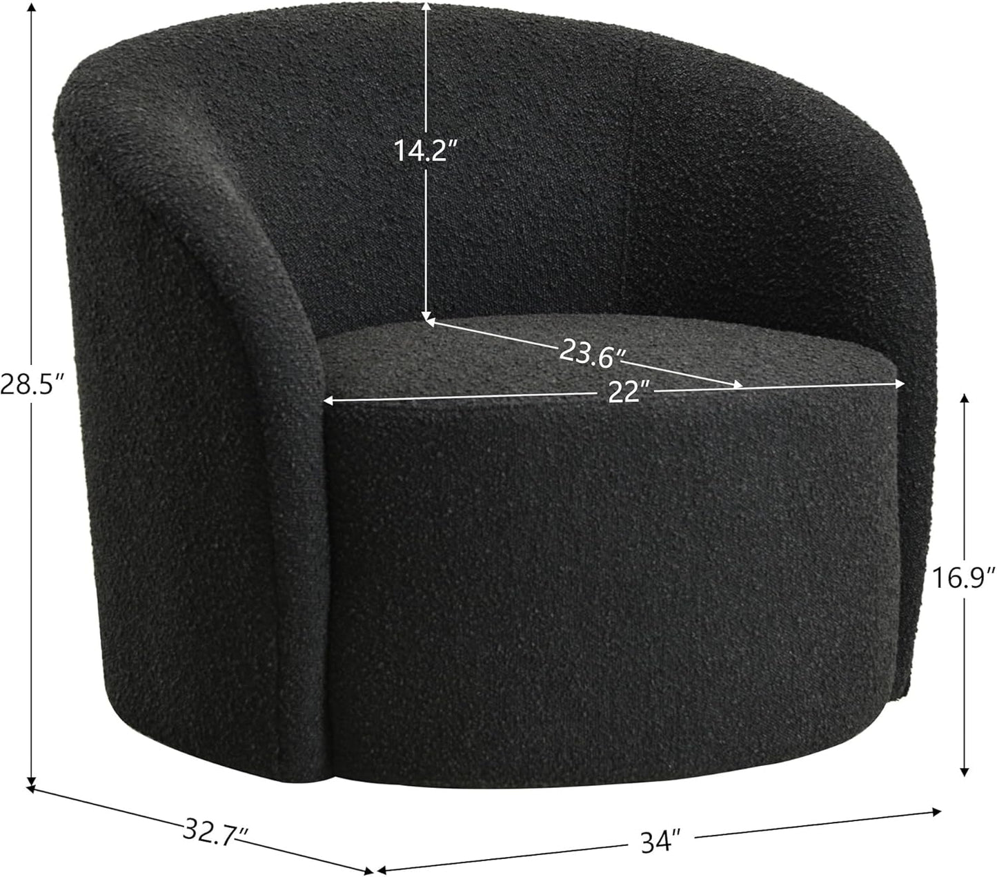 KINWELL Sherpa Swivel Barrel Chair & Round Ball Pillow Set - 34" Wide Modern Boucle Accent Chair with 9” Matching Nordic Decorative Throw Pillow for Living Room and Bedroom(Black)