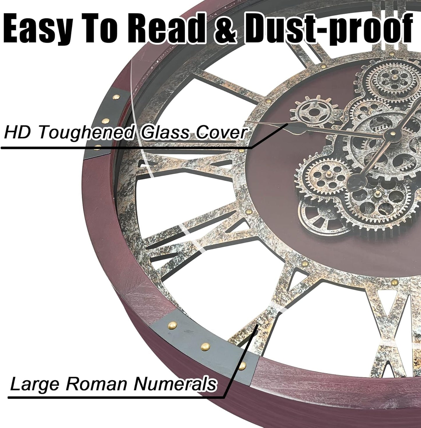 DORBOKER 24" Original Moving Gears Wall Clock, Large Industrial Wall Clock for Living Room Decor, Oversized Wood Vintage Farmhouse Steampunk Rustic Clocks for Wall Christmas Decor,Cherry Red