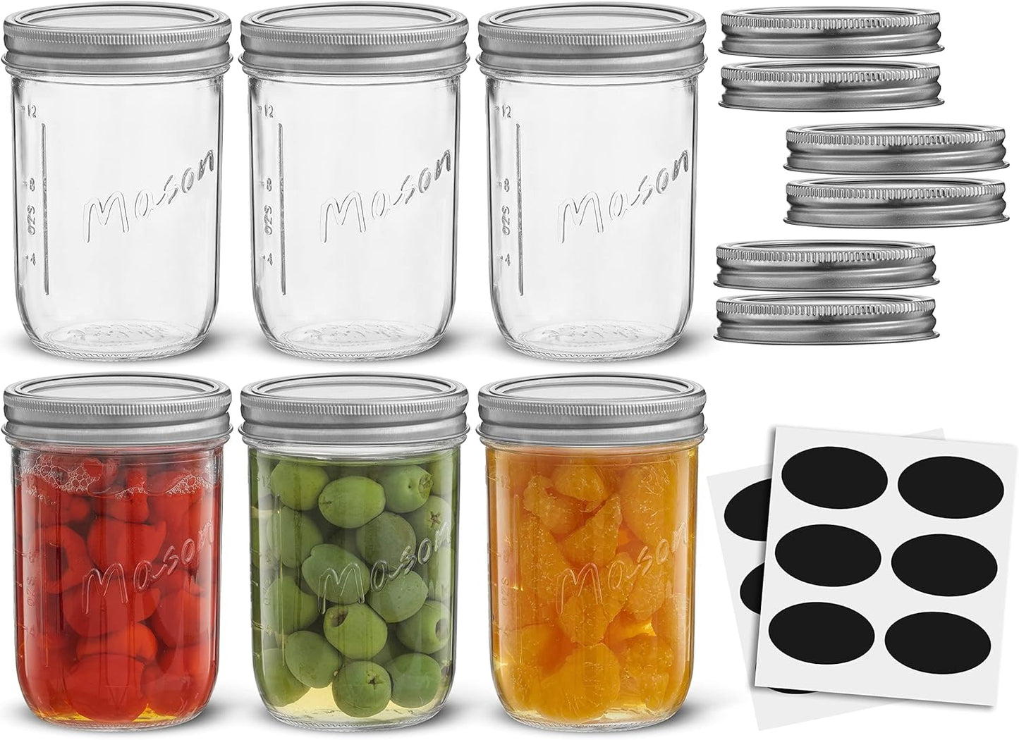 JoyJolt 16 Oz Mason Jars With Lids, Labels and Measures! 6-Pack Wide Mouth Mason Jars, Glass Jar with Lid and Band. Airtight Canning Jars, Overnight Oats Jars, Salad Jars, Sourdough Starter Jar