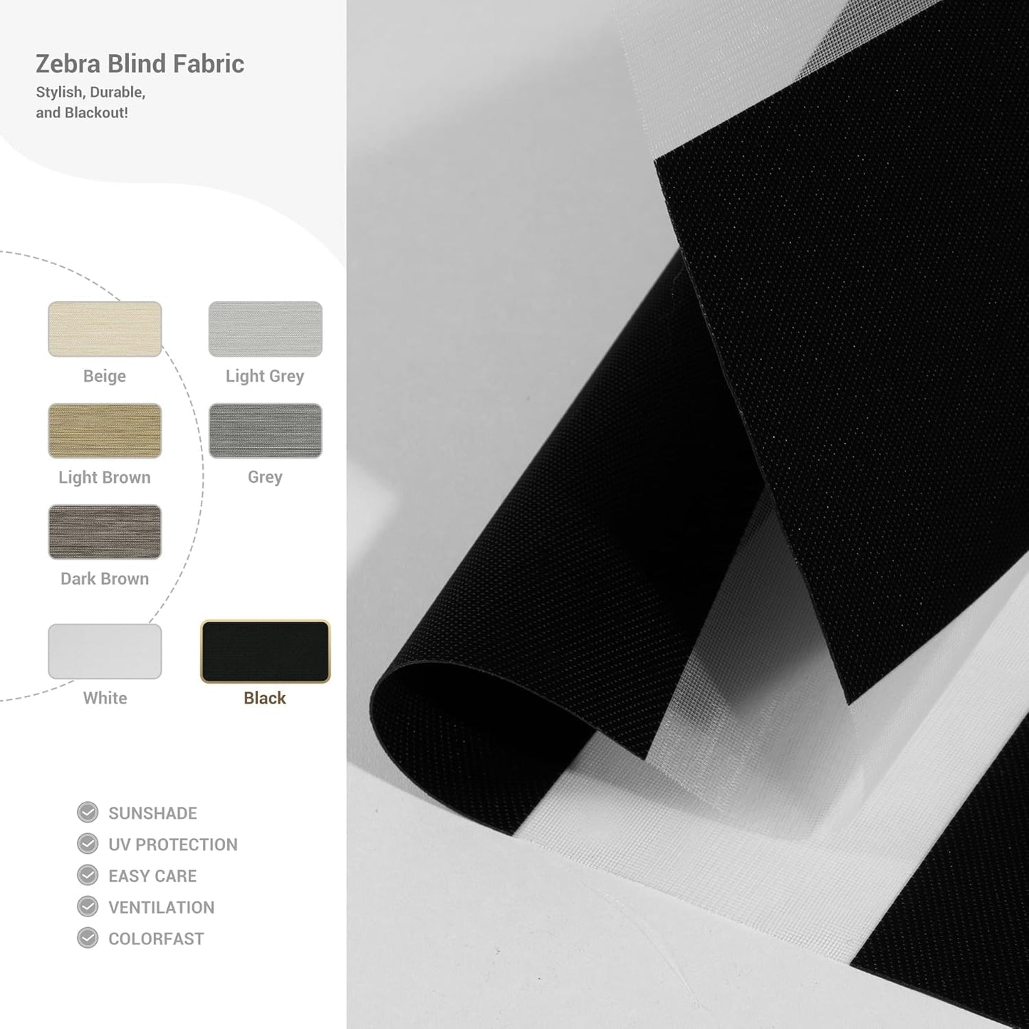 Cordless Zebra Blinds for Windows, Blackout Interior Blinds,Easy to Install,UV Protection,for Offices and Home,Custom Roller Shades, Solid Black, 72" W x 64" H