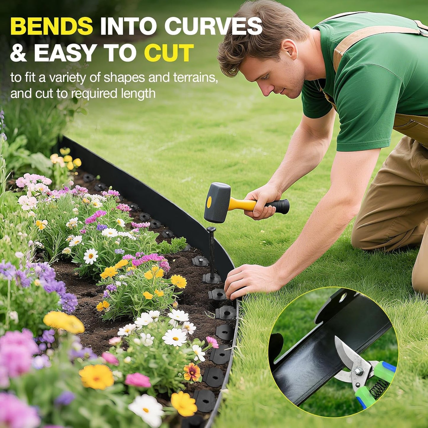 MIXC 66ft, 1.5in Tall Landscape Edging Kit with 100 Spikes, No-Dig Flexible Plastic Edge Border for Landscaping, Lawn, Garden, Flower Beds, Yard, Paver, Playground, Fence, Pathway,2pack,33ft Each