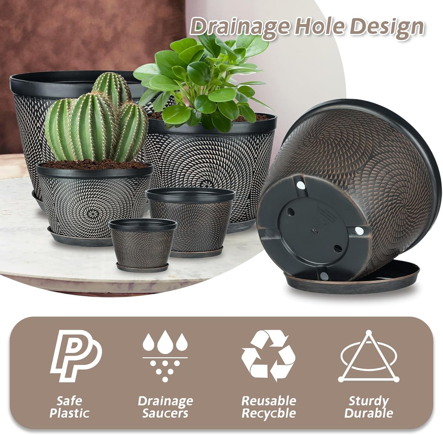 Quarut 12 Inch 4 Pack Large Plant Pots, Plastic Flower Pot for Indoor & Outdoor with Drainage Holes & Saucer, Circle Pattern Planters Garden Pots for Herbs