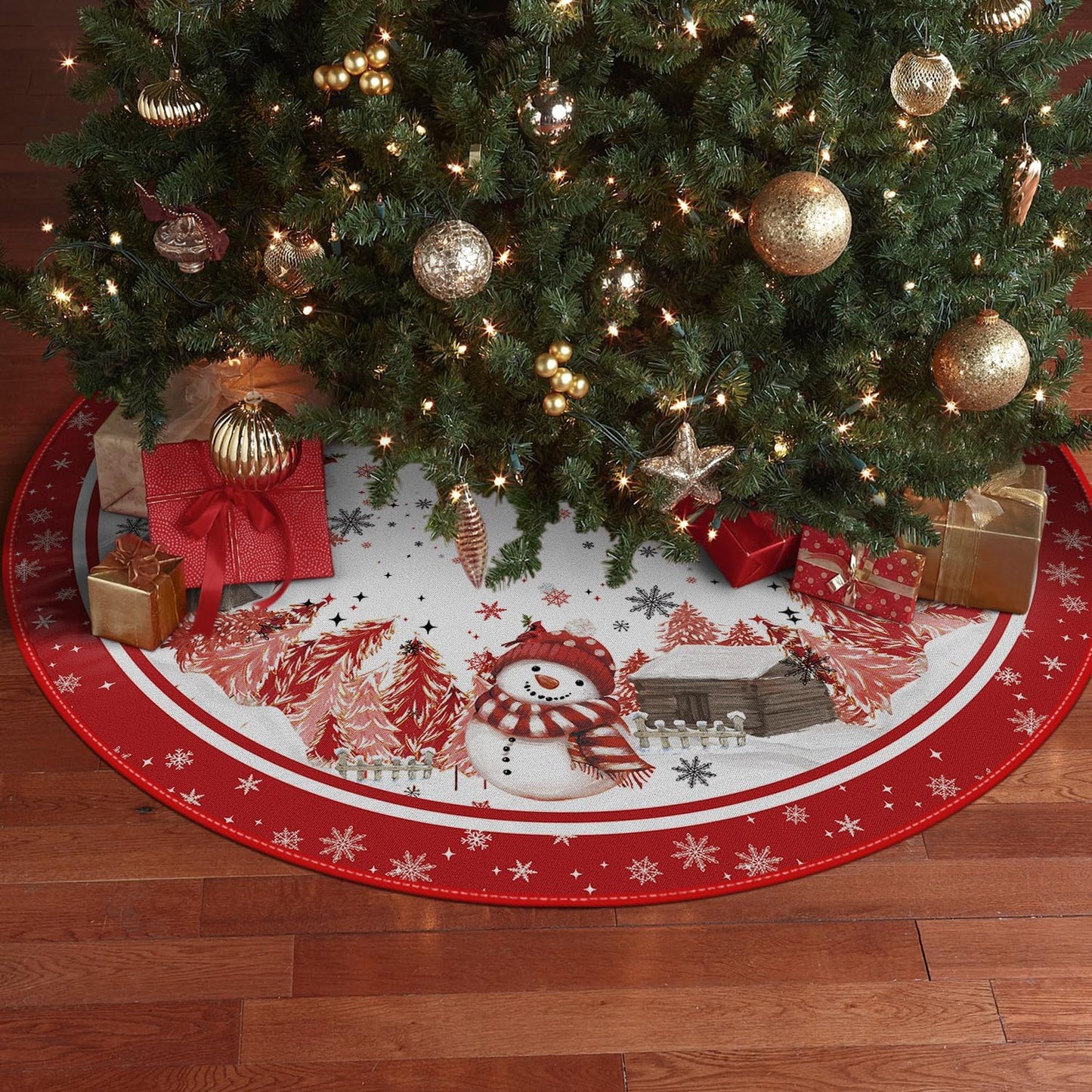 AVOIN colorlife Snowflake Snowman Cardinal Christmas Tree Skirt 36 Inch, Winter Holiday Tree Mat Decoration Red