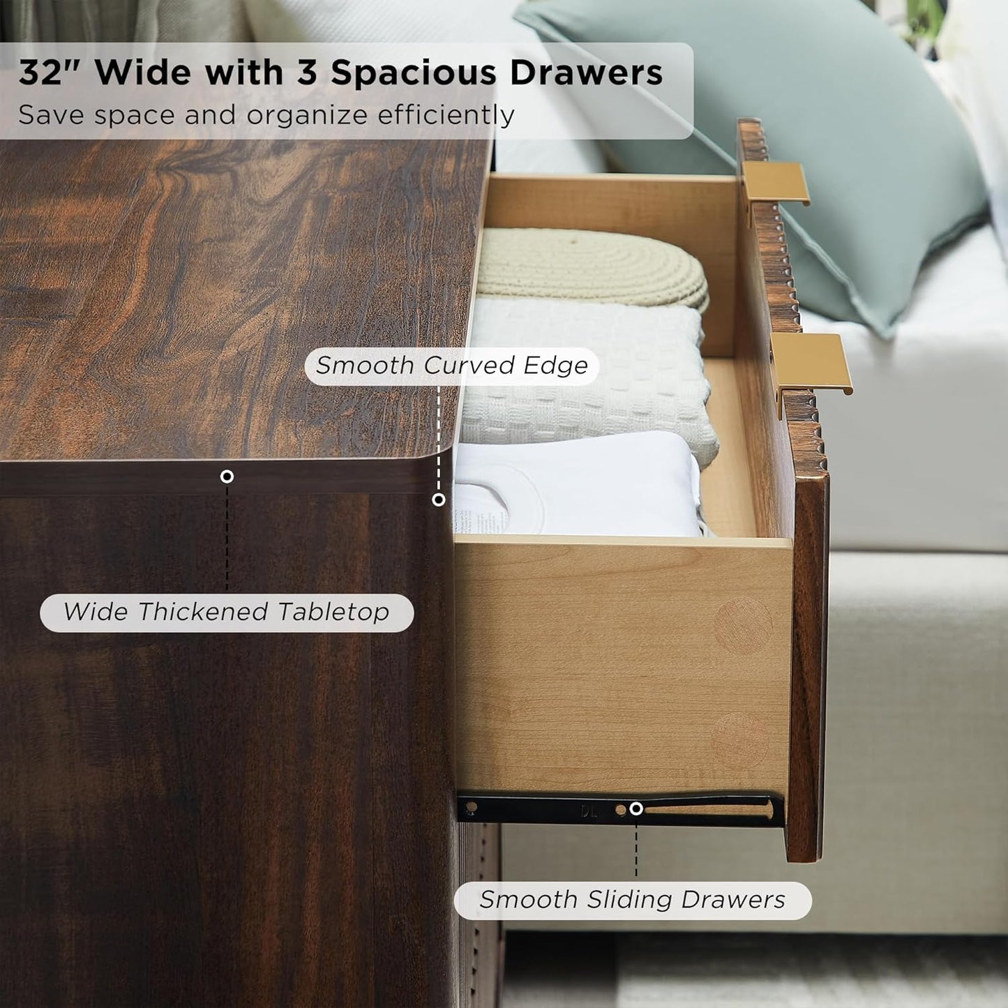 T4TREAM 32" Tall Fluted Nightstand, Modern Side Table, 3 Drawers End Table w/Storage, Bedside Table for Bedroom, Living Room, Curved Profile Design, Dark Walnut