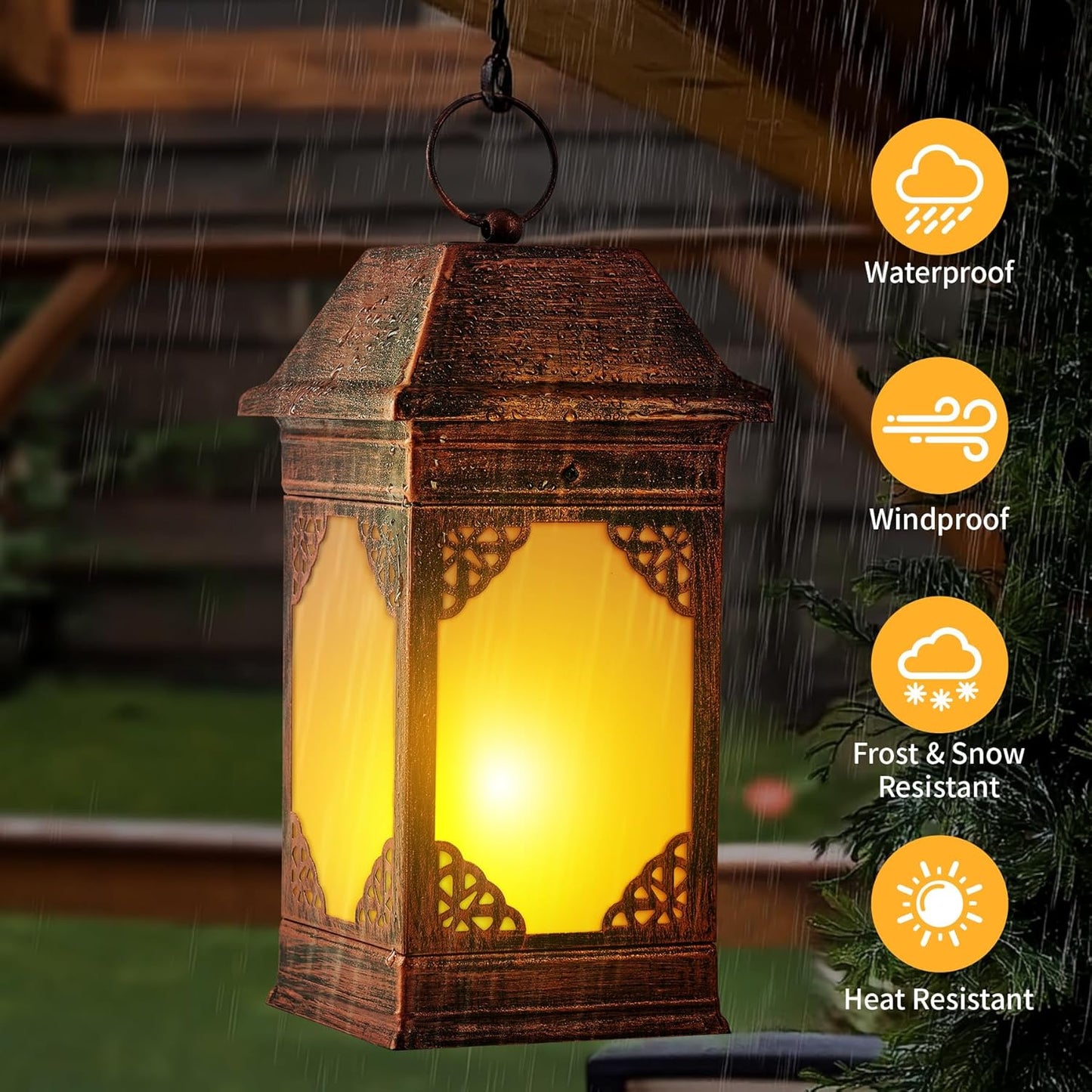 14" Solar Lanterns Outdoor Waterproof, Glass Flickering Flame Solar Lantern, Hanging Metal Lantern Decorative for Patio Front Porch Garden Backyard Tabletop Party Decoration