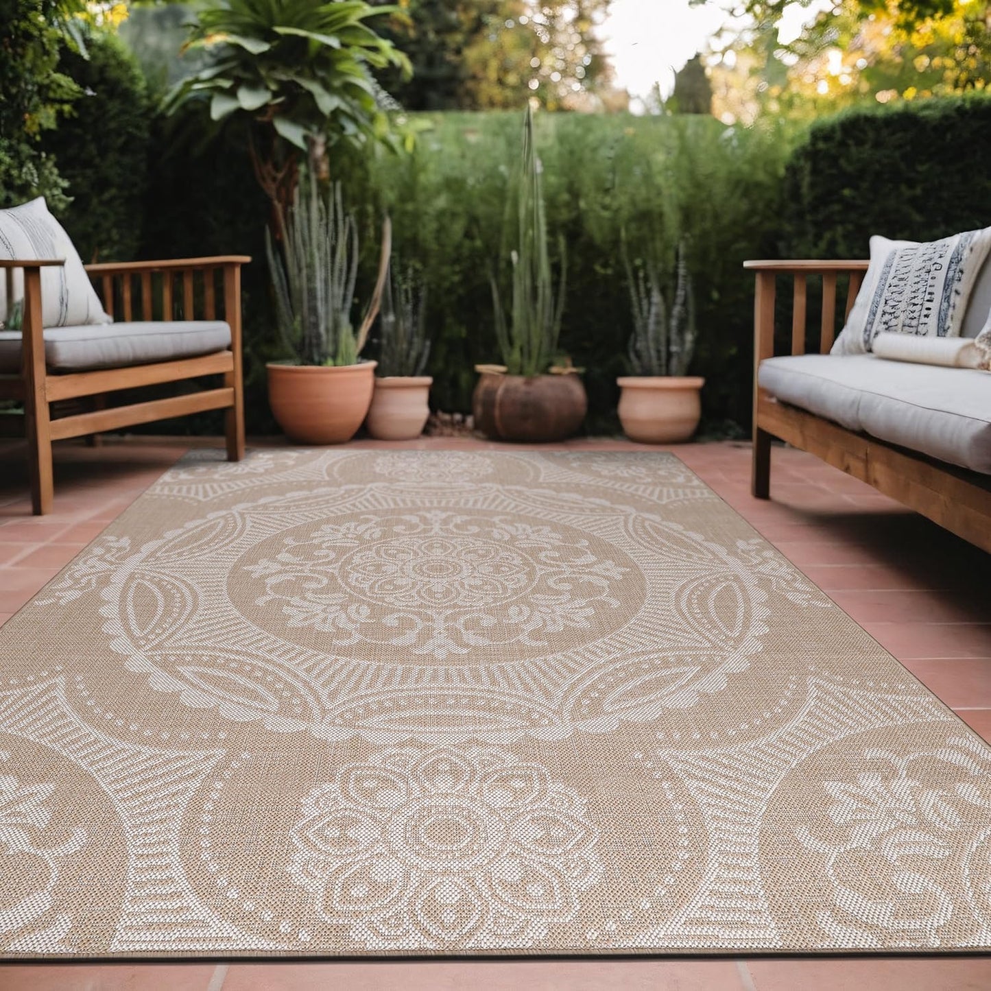 Medallion Outdoor Rug 5x7 Washable Outside Carpet for Indoor Patio Porch Waterproof Easy Cleaning Non Shedding Area Rugs Beige 5 x 7